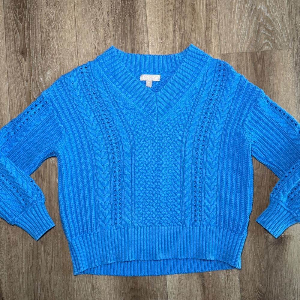 J.Crew Womens Blue Cable Knit V-Neck Cotton Sweater XS - Picture 2 of 8